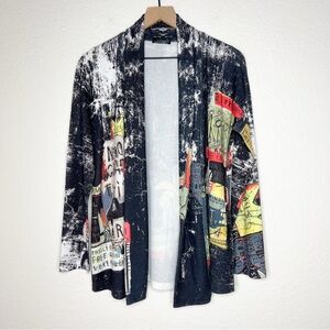 Open-Front Graphic Cardigan Sweater - Black Multi
